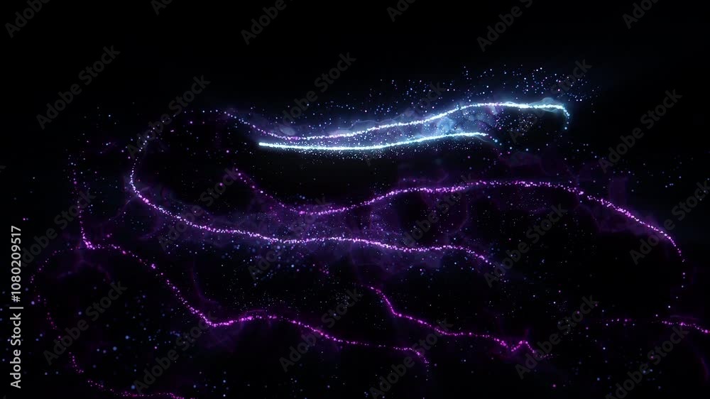 Vibrant wavy energy lines of purple and blue flowing across a black background, animated smoothly at 60 FPS. Trail gradient. Glow bokeh particles. Magic trace