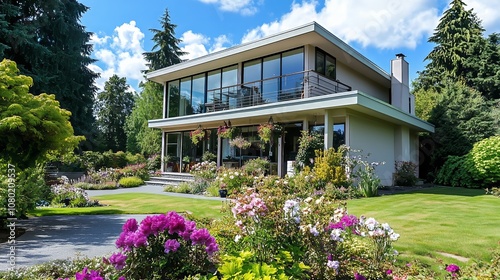 A charming two-story home with glass windows, a vibrant garden, and a cozy porch invites relaxation.