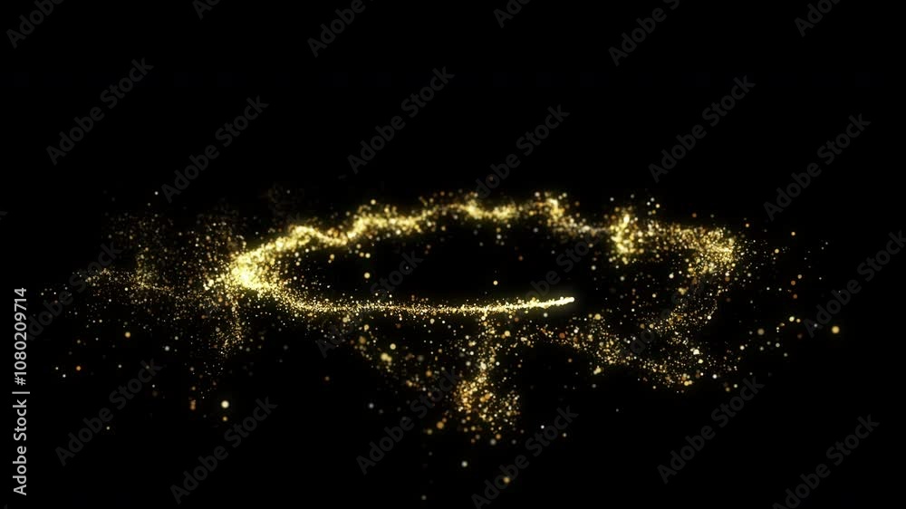 Abstract golden particles trail forming a circular energy burst with sparkling gold effects on a black background, rendered in 60 FPS.