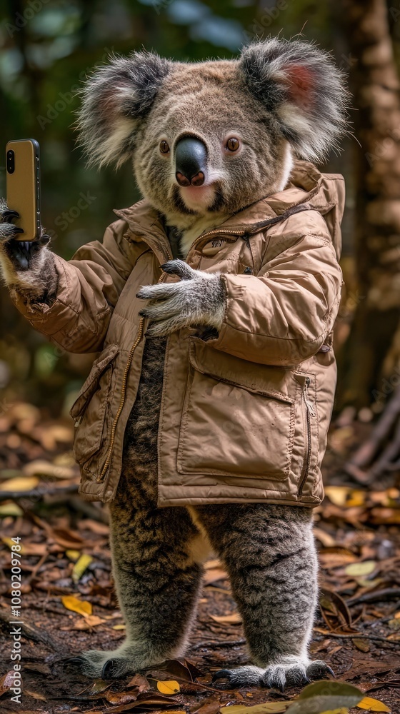 A koala in a jacket takes a selfie in a forest setting. A koala in a jacket takes a selfie in a forest setting.
