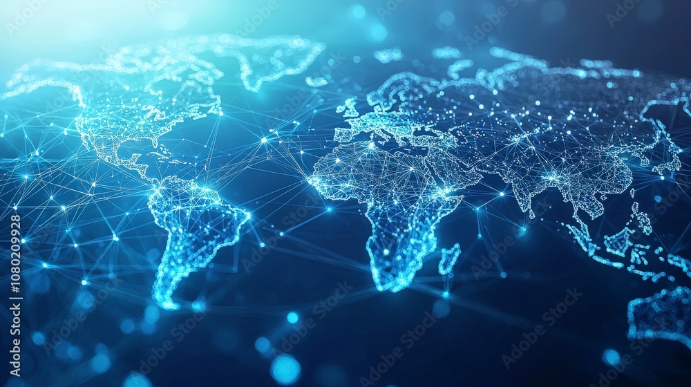 An intricate digital grid outlines the world map, showcasing a sophisticated network of global connections with a futuristic and glowing aesthetic. An intricate digital grid outlines the world map, showcasing a sophisticated network of global connections with a futuristic and glowing aesthetic.