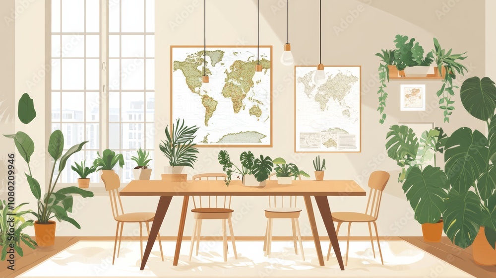 Stylish and botany interior of dining room with design modern home decor. Template. Stylish and botany interior of dining room with design modern home decor. Template.