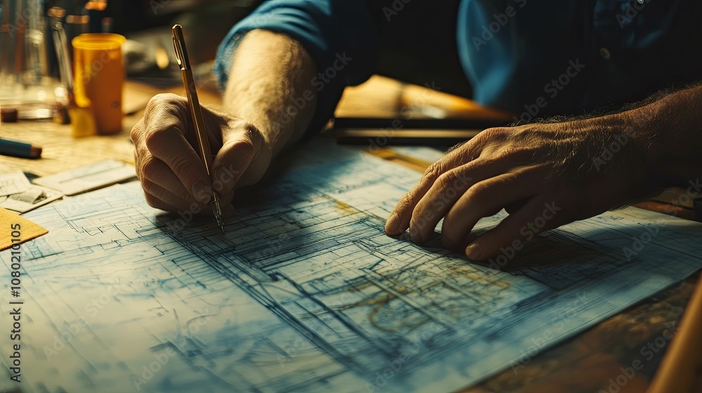 A Person's Hand Draws Lines on a Blueprint with a Pen A Person's Hand Draws Lines on a Blueprint with a Pen