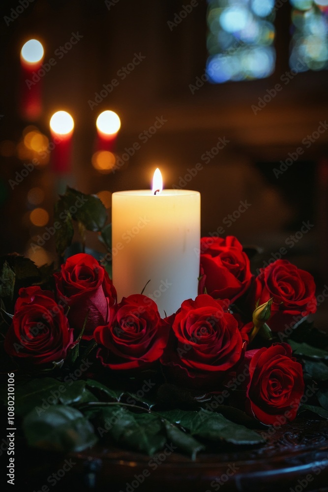 A single white candle surrounded by red roses on a small altar, giving off a mystical and enchanting glow. A single white candle surrounded by red roses on a small altar, giving off a mystical and enchanting glow.