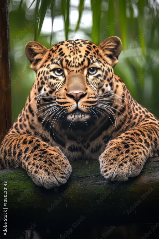 Fototapeta premium Alert Leopard Resting on a Mossy Log, Captured Close Up in a Lush, Green Jungle Setting