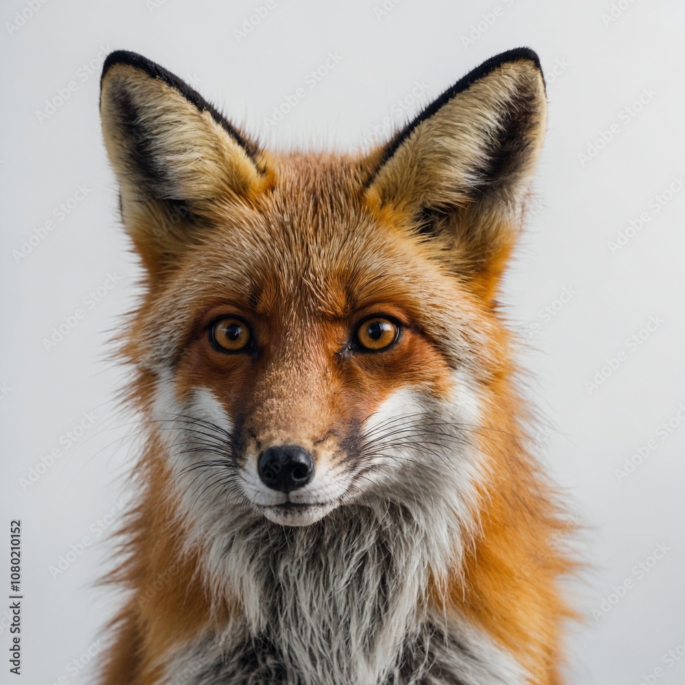 A fox curiously looking at the camera on a white background.
A fox curiously looking at the camera on a white background.