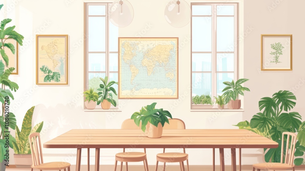 Stylish and botany interior of dining room with design modern home decor. Template. Stylish and botany interior of dining room with design modern home decor. Template.