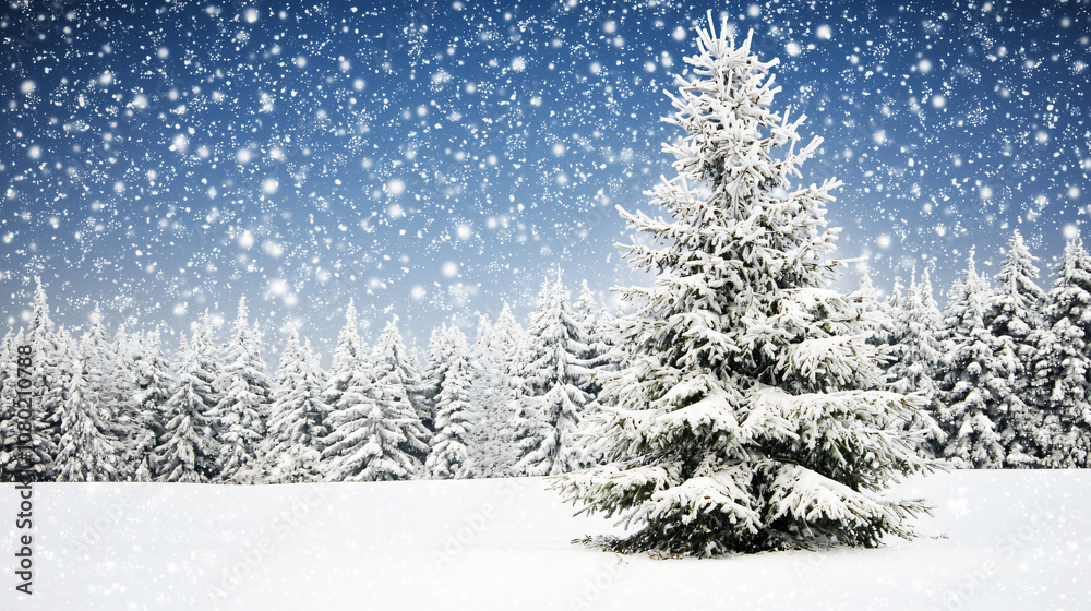 a snowy winter landscape with a lone tree standing tall