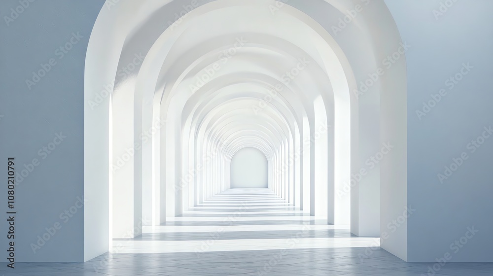 A long, white hallway with arches receding into the distance. A long, white hallway with arches receding into the distance.