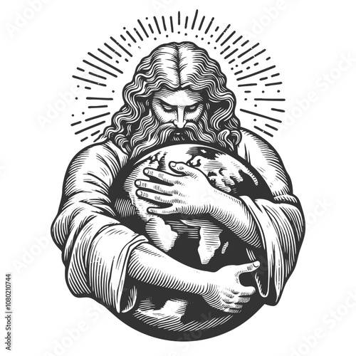 Jesus Christ God lovingly embracing Earth, symbolizing compassion, unity, care for the world, depicted in a classic, spiritual style sketch engraving generative ai vector illustration. Black and white