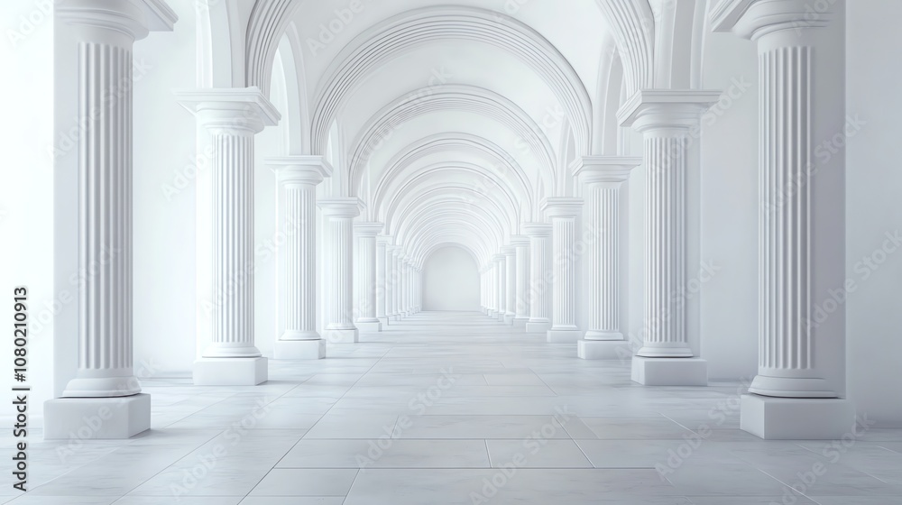 A long hallway with arches receding into the distance, with a light beige color scheme. A long hallway with arches receding into the distance, with a light beige color scheme.