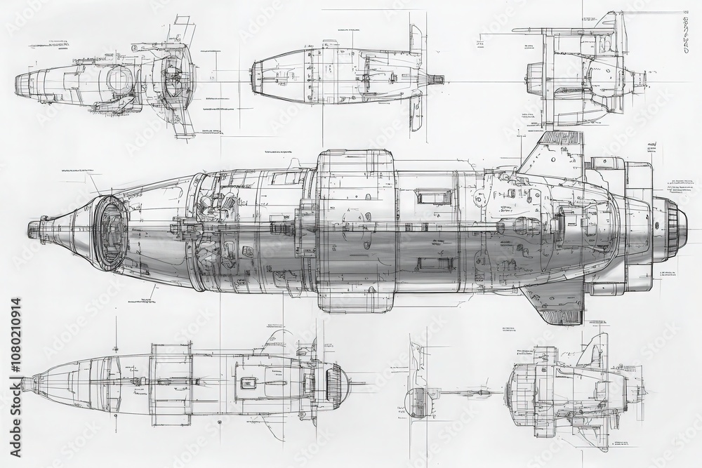 This detailed technical sketch presents a deep-sea submersible from multiple angles, highlighting its design, components, and engineering intricacies important for underwater exploration. This detailed technical sketch presents a deep-sea submersible from multiple angles, highlighting its design, components, and engineering intricacies important for underwater exploration.
