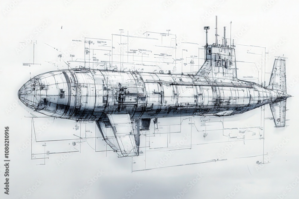 This detailed technical sketch illustrates the design of a deep-sea submersible, highlighting its structures, components, and precise measurements essential for underwater exploration.
