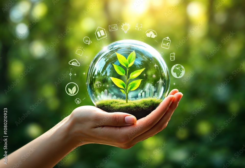 Eco-Friendly Globe with Growing Plant and Sustainability Icons Eco-Friendly Globe with Growing Plant and Sustainability Icons