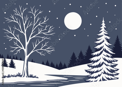 Winter Night Silhouette - Bare Tree, Pine.