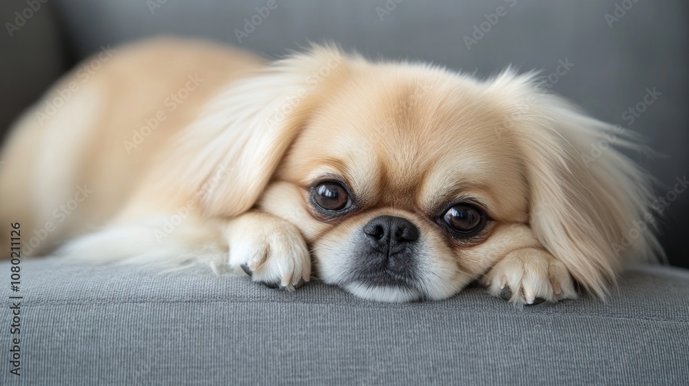A relaxed dog resting on a gray couch, showcasing its calm demeanor and expressive eyes. A relaxed dog resting on a gray couch, showcasing its calm demeanor and expressive eyes.