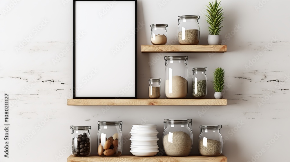 Stylish wooden shelves adorned with jars and greenery in a modern kitchen setting. Generative AI Stylish wooden shelves adorned with jars and greenery in a modern kitchen setting. Generative AI