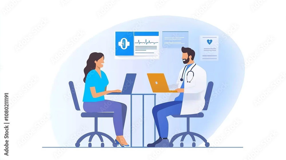 A doctor in a white coat shows a tablet to a patient during a medical appointment. A doctor in a white coat shows a tablet to a patient during a medical appointment.