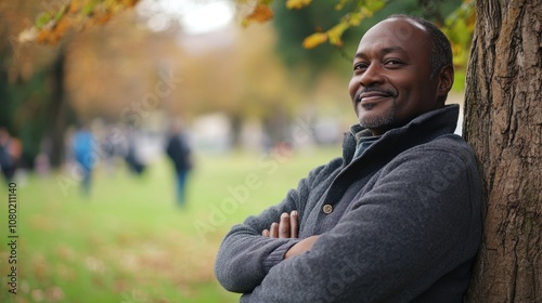 A relaxed man leans against a tree in a vibrant park, enjoying the autumn scenery with a warm smile, surrounded by nature and people in the background.