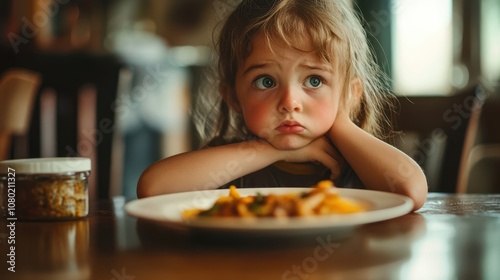 Young Child Sitting at a Dining Table with a Distracted Expression, Observing a Plate of Food, Capturing the Essence of Mealtime Observations and Emotions