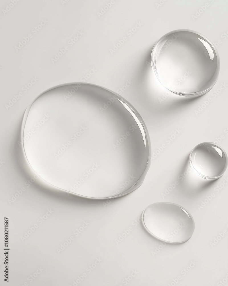 Group of four clear water droplets on soft grey background Group of four clear water droplets on soft grey background