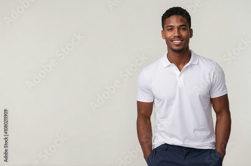 Confident young afro man in a white polo shirt and dark trousers, standing casually with hands in pockets against a neutral background. Ideal for themes of modern lifestyle, professionalism.