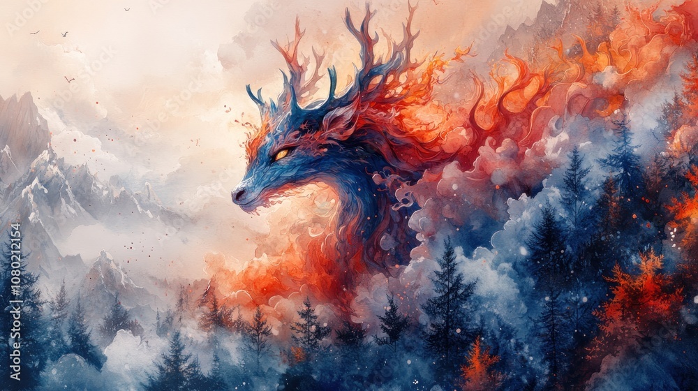 A mystical creature with fiery colors emerges from a forest landscape. A mystical creature with fiery colors emerges from a forest landscape.