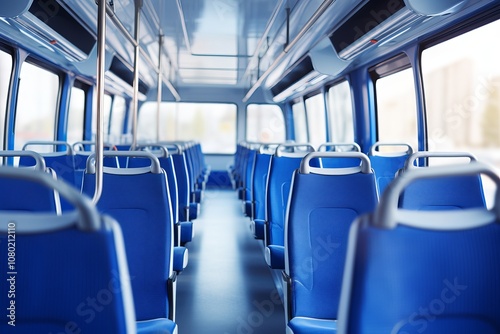 Interior of an empty blue bus showcasing modern design and bright natural light. Generative AI