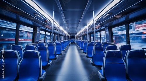 A tranquil moment inside a modern bus on a quiet urban street at twilight. Generative AI