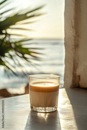 Bombon coffee in a chic, minimalist cafe with lush fronds, natural light, concrete, isolated, stylish, vibrant, plant-based vibe