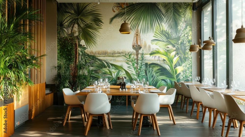 Fototapeta premium Stylish and botany interior of dining room with design modern home decor. Template.