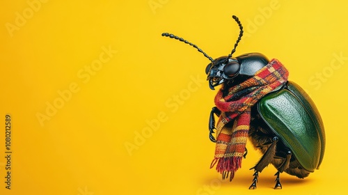 Colorful Beetle Dressed in a Scarf Ready for Adventure Against a Bright Yellow Background, Perfect for Travel and Nature Themes photo