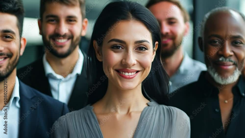 Portrait of successful group of business people at modern office looking at camera. Portrait of happy businessmen and satisfied businesswomen standing as a team. Multiethnic group of people smiling	
