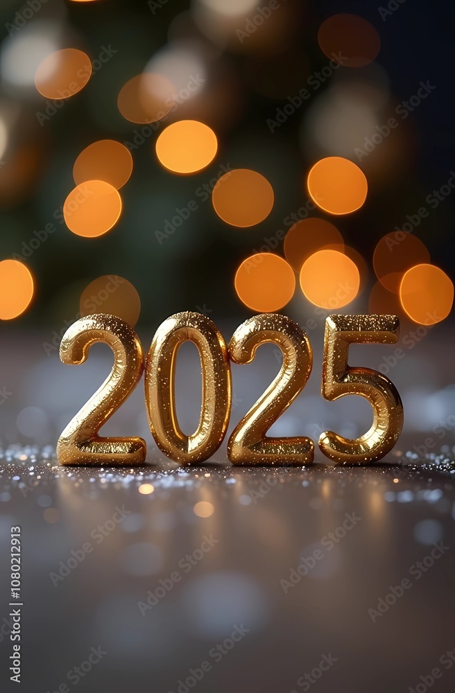 Happy New Year 2025 background, illustration for holiday design with lights and fireworks	
