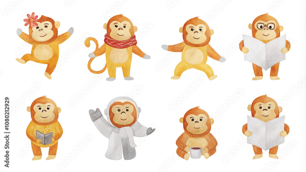 Monkey character vector set. Cute monkey in different poses and actions. Monkey character vector set. Cute monkey in different poses and actions.