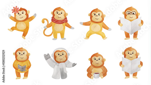 Monkey character vector set. Cute monkey in different poses and actions.