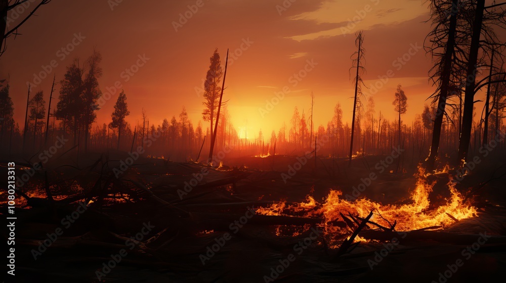 Majestic sunset behind a raging wildfire in a scorched forest landscape. Generative AI Majestic sunset behind a raging wildfire in a scorched forest landscape. Generative AI