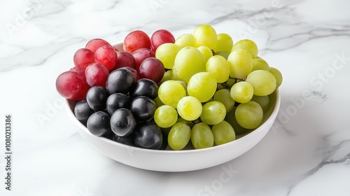 Assorted grapes in a bowl with red, green, and black varieties, placed on a marble counter for a beautiful color contrast