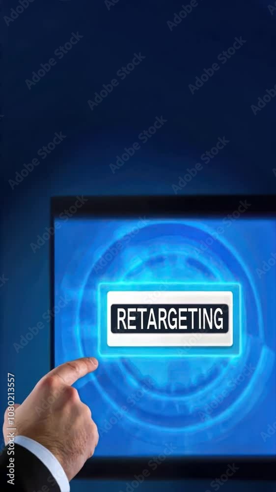 Businessman points at RETARGETING button on virtual screen, customer engagement, digital marketing, targeted advertising, retargeting ads Businessman points at RETARGETING button on virtual screen, customer engagement, digital marketing, targeted advertising, retargeting ads