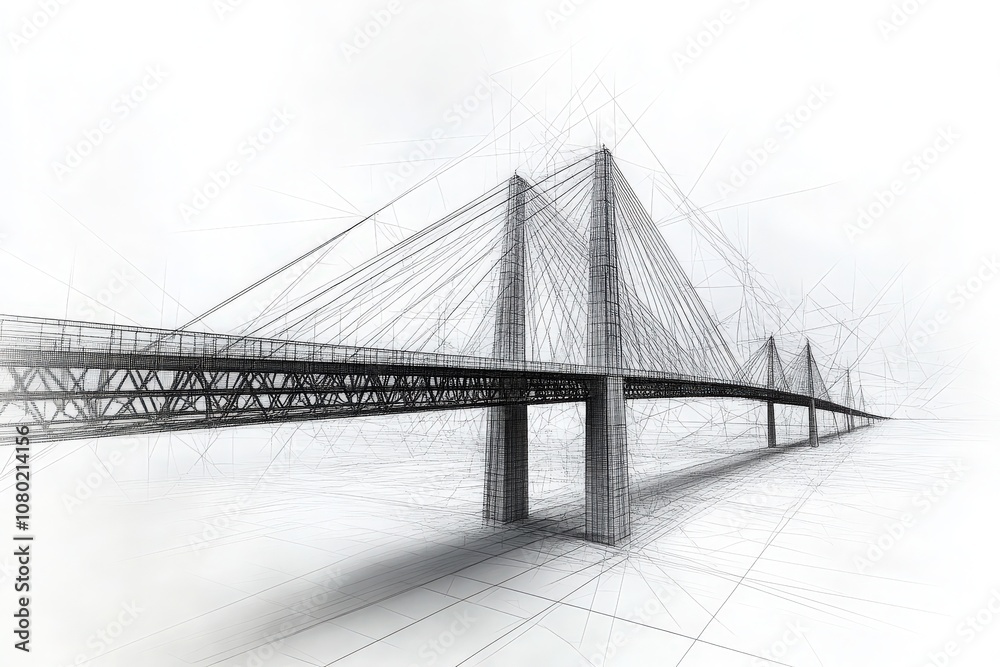 A detailed technical sketch illustrates the design of a modern suspension bridge, focusing on the intricate structural elements and perspective lines that define its architectural beauty. A detailed technical sketch illustrates the design of a modern suspension bridge, focusing on the intricate structural elements and perspective lines that define its architectural beauty.