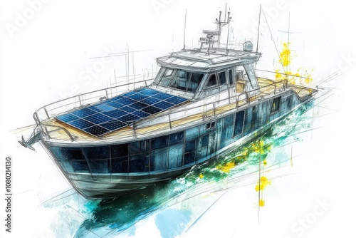 The technical sketch illustrates a solar-powered boat featuring solar panels on the roof and sleek lines. It highlights modern design elements suitable for eco-friendly marine travel. photo