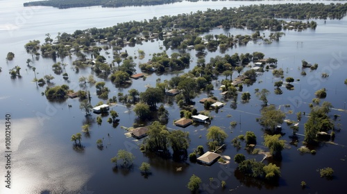 Devastating floodwaters engulf suburban homes in a tranquil setting. Generative AI