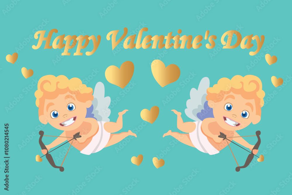 Background with the inscription Happy Valentine's Day. With Cupids and a gold signature. Background with the inscription Happy Valentine's Day. With Cupids and a gold signature.