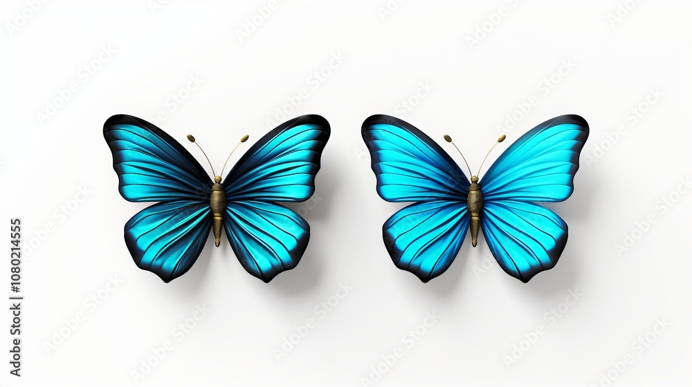 Obraz premium Vibrant blue butterflies gracefully resting side by side against a soft background. Generative AI