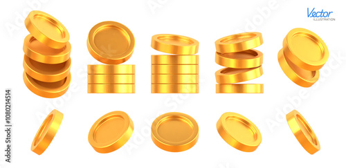 Set of Realistic Golden Coins stack. Blank Coin money stacked rotating in different angles isolated on white background. Gold cash currency for payment. Symbol of wealth, income and finance. Vector 3d