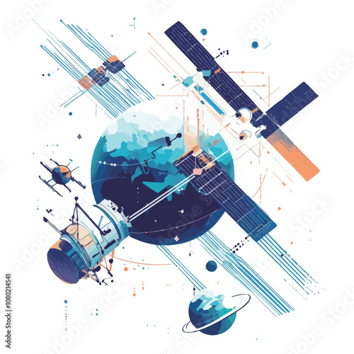 Satellite orbiting the planet earth. Vector illustration in blue colors..eps