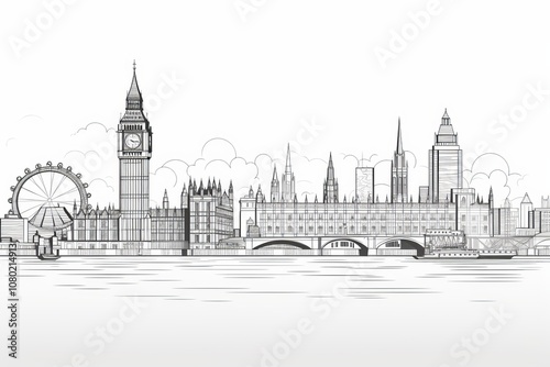 London skyline drawing featuring iconic landmarks in a creative line art style. Generative AI