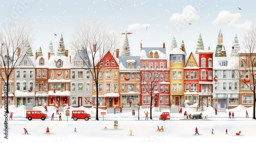 Fototapeta Naklejka Na Ścianę i Meble -  Charming winter streets lined with colorful houses and joyful snow activities. Generative AI