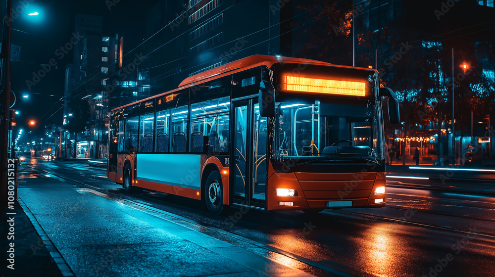Fototapeta premium Night bus with an advertising banner. White banner on the bus.