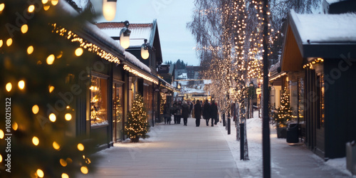 chrtistmas shopping street with decorations and blurred people. ai generated photo